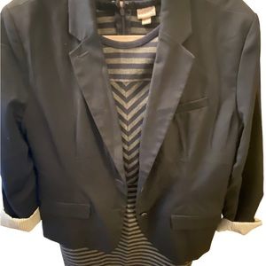 Blue and Grey Sheath Dress with Blue Blazer